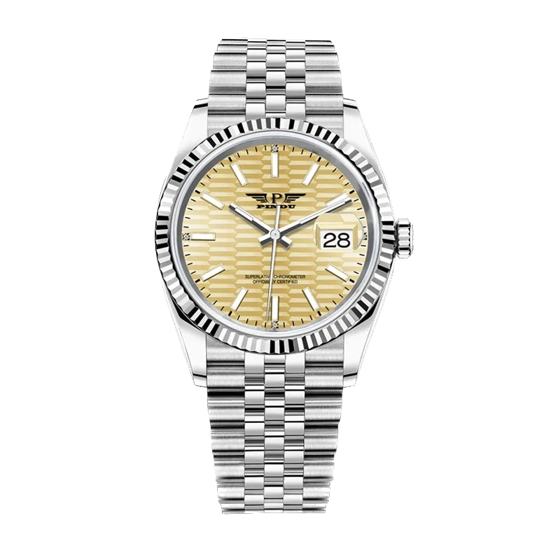 Silver watch with a gold face on a white background