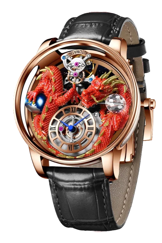 Luxury watch with dragon design and black leather strap on white background