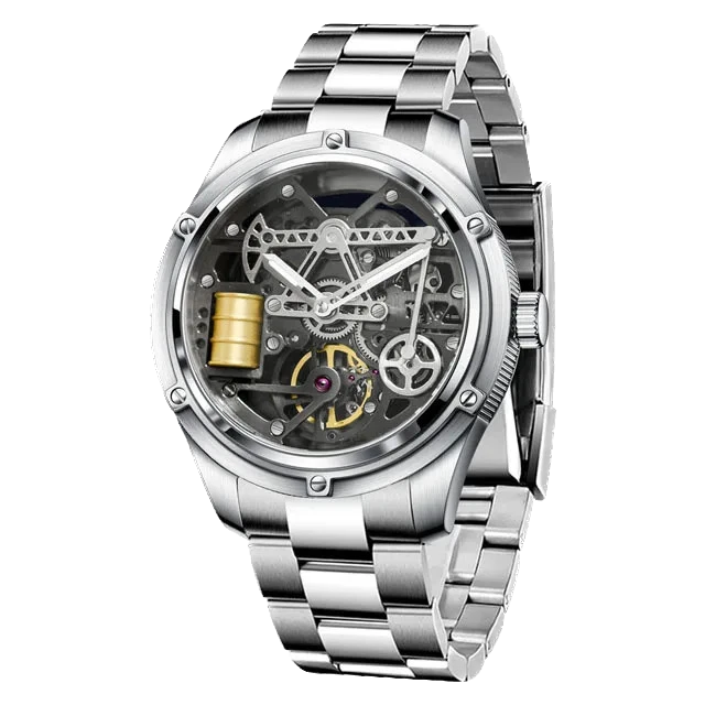 Silver watch with a detailed mechanical face on a white background