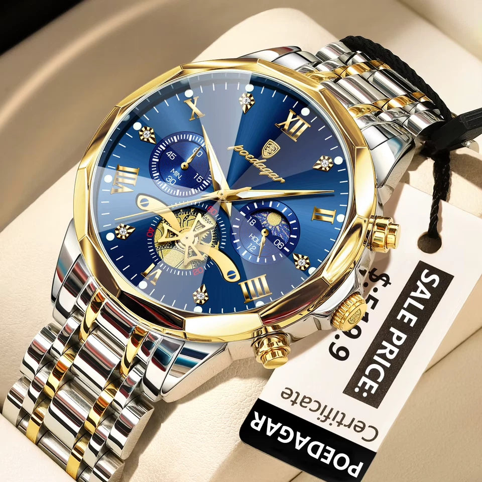 Luxury watch with blue face and gold accents on a beige surface, with a POEGAR certificate and price tag.