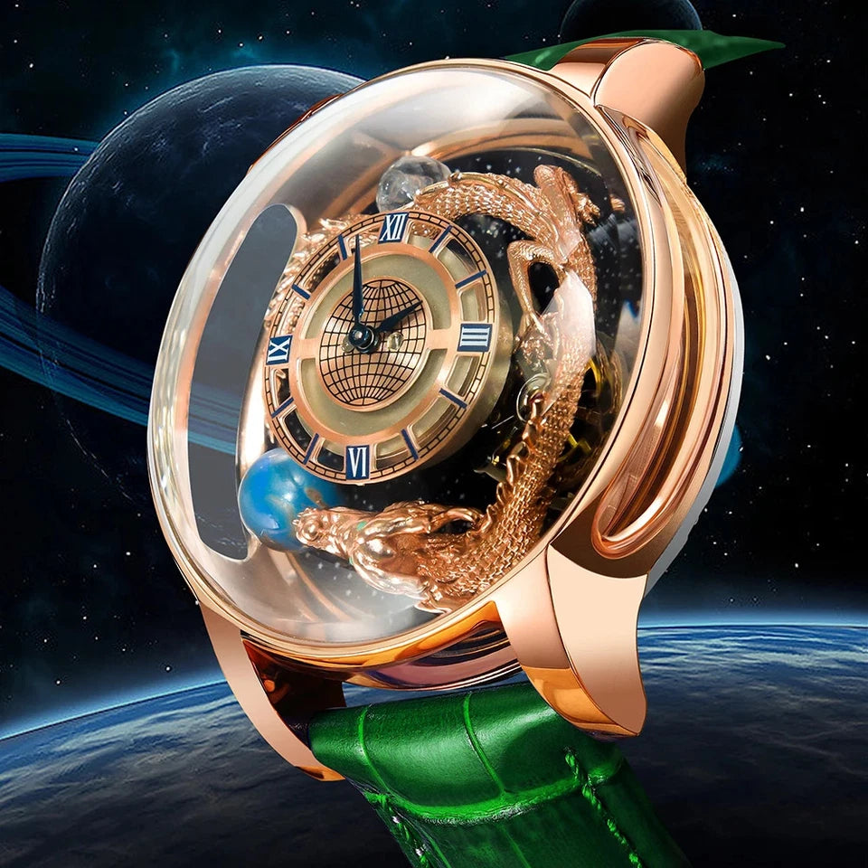 Luxury watch with intricate design against a space-themed background