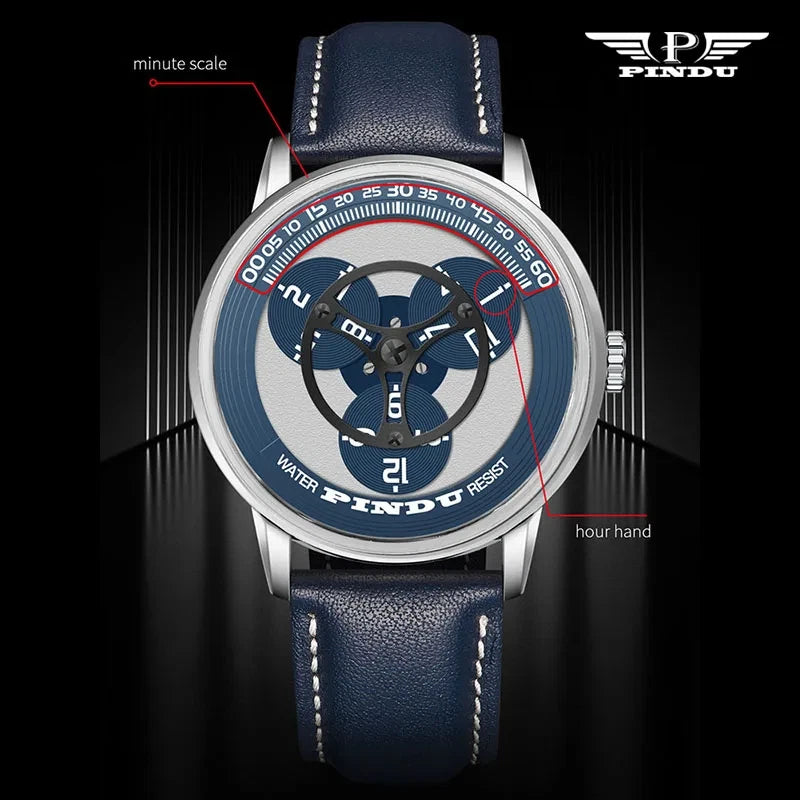Watch with blue strap and detailed face on a dark background, featuring the brand 'PINDU'.