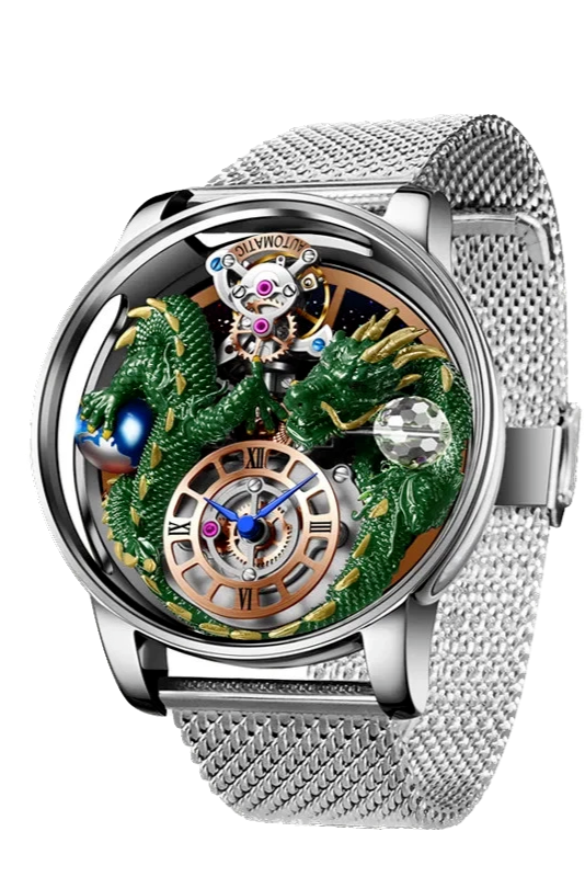 Luxury watch with intricate design and silver mesh band on a white background