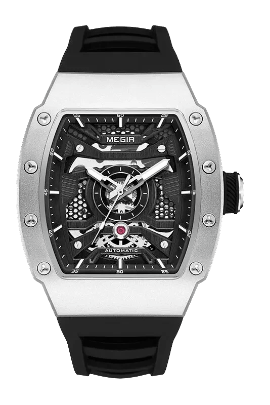 Megir watch with black strap and detailed face on a white background