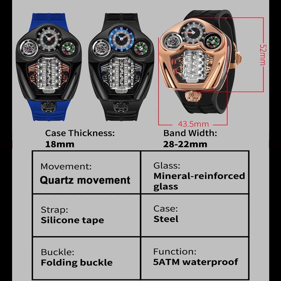 Three watches with specifications on a gray background