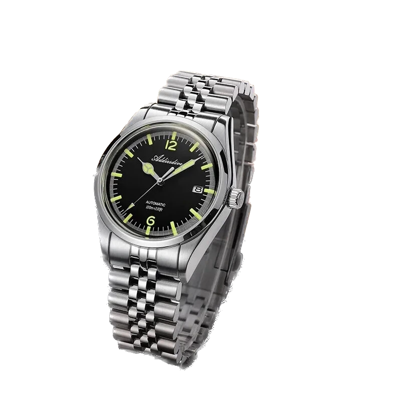 Silver wristwatch with black dial on a white background