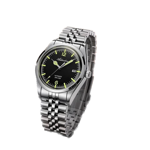 Silver wristwatch with black dial on a white background