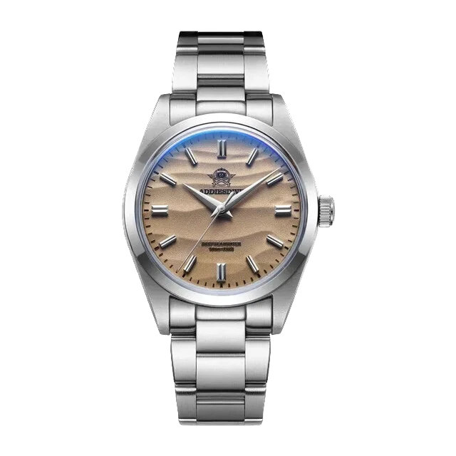 Silver watch with a wooden face on a white background