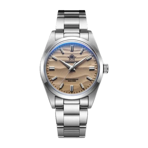 Silver watch with a wooden face on a white background