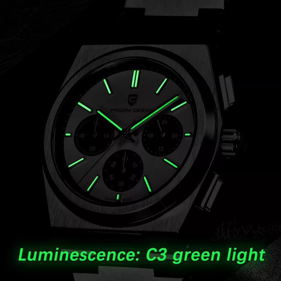 Black watch with green luminescent markers on a black background