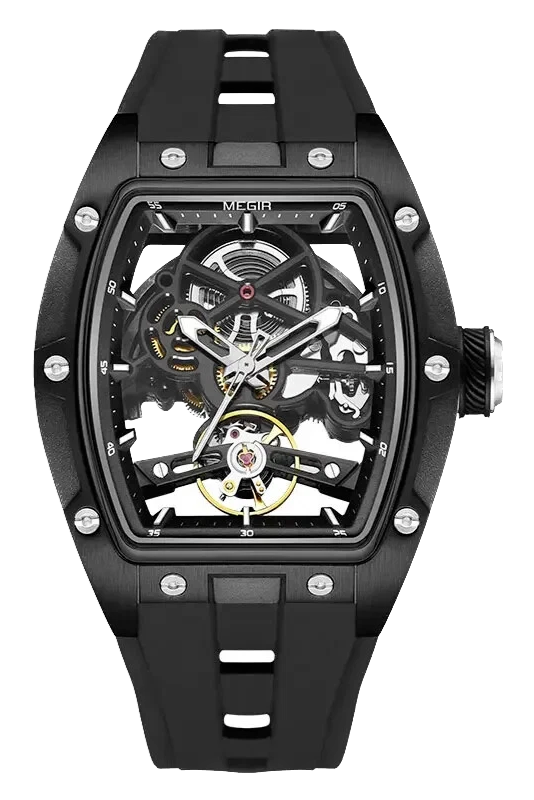 Black mechanical watch with transparent face on a white background