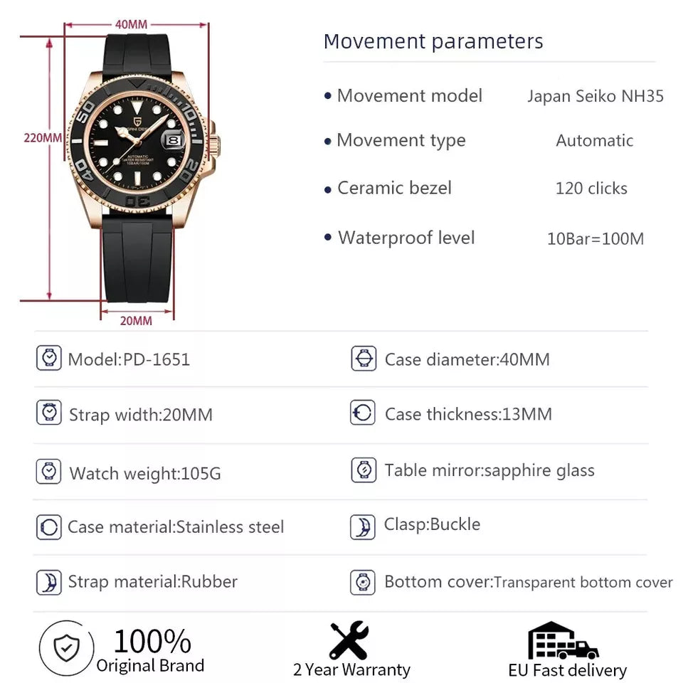 Watch with specifications including movement model, bezel type, and warranty details.