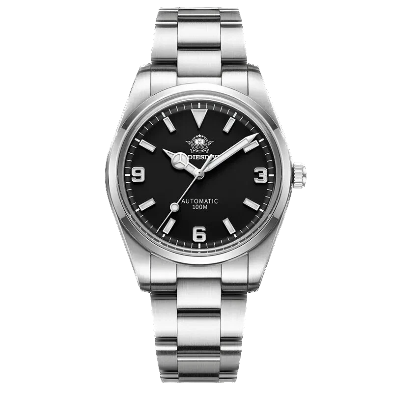 Silver watch with black dial on a white background