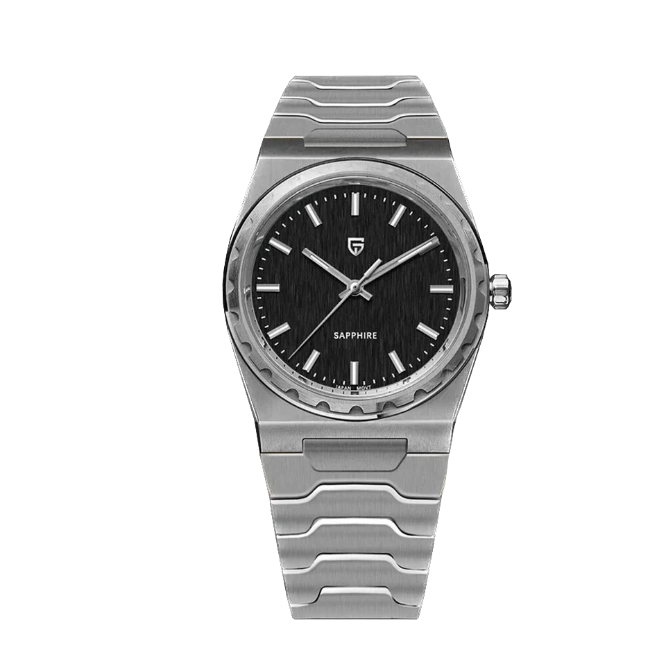 Silver watch with black dial on a white background