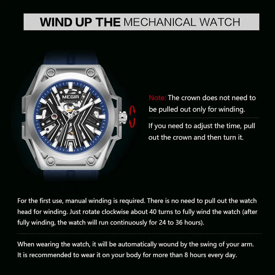 Mechanical watch with winding instructions on a black background