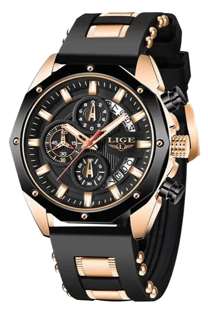 Luxury watch with black and rose gold design on a white background