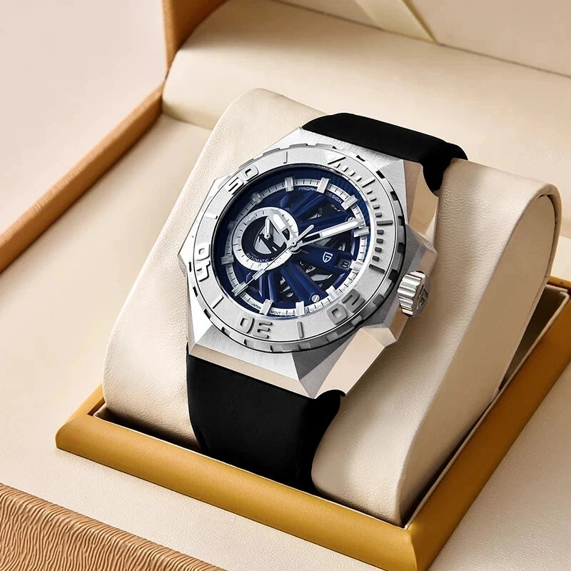 Luxury watch with black strap and silver case on beige cushion in a box