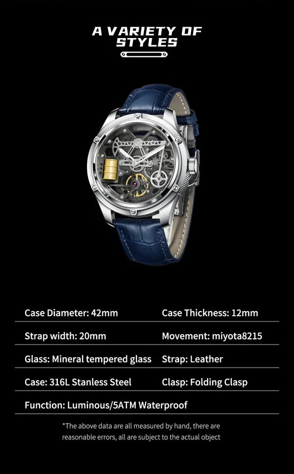 Watch with blue leather strap and technical specifications on a black background