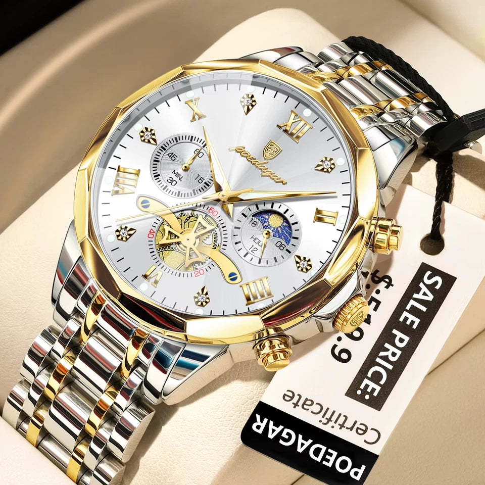 Luxury watch with gold and silver band on a beige surface, featuring a POEGAR brand tag.