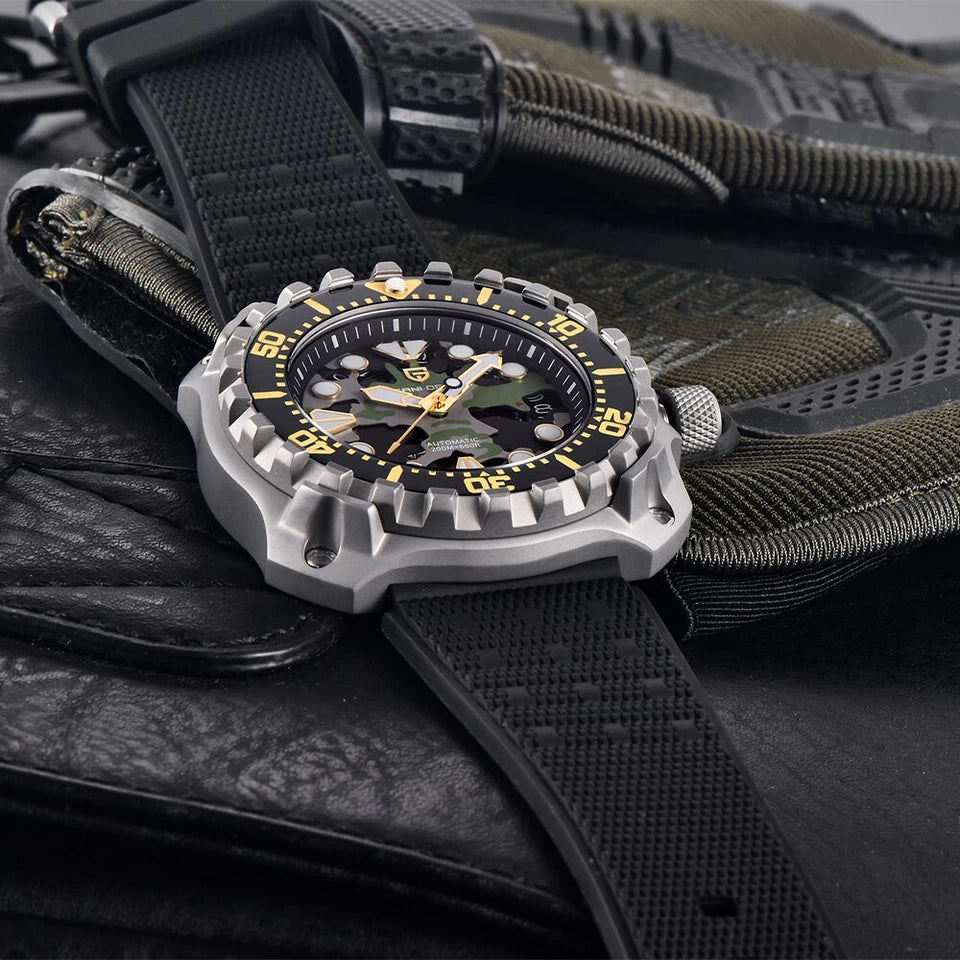 Wristwatch with black and silver design on a camouflage background