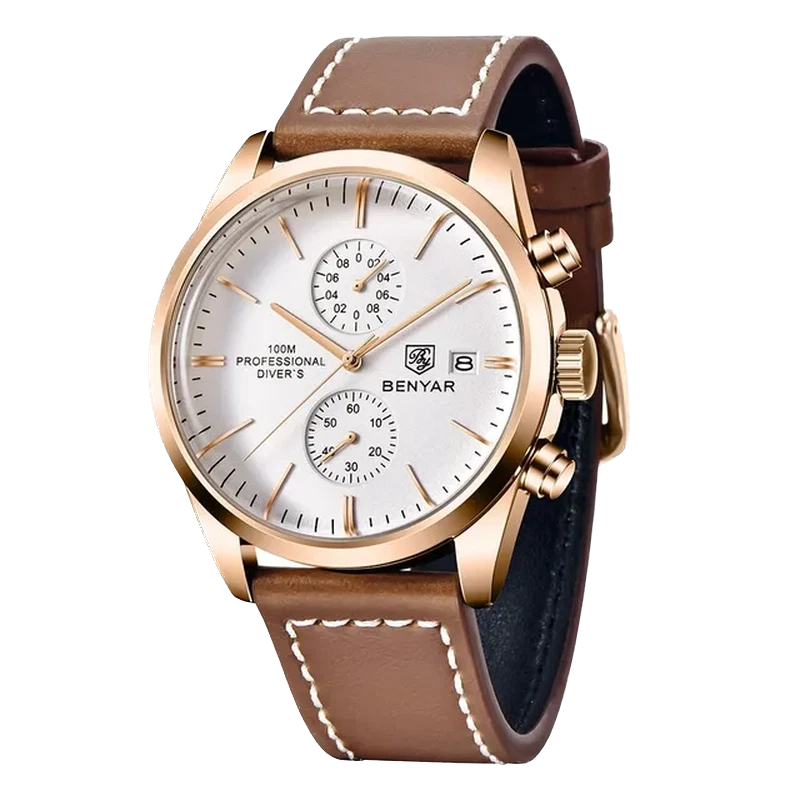Watch with brown leather strap and gold casing on a white background
