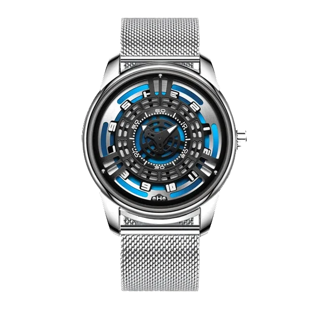 Silver watch with blue accents on a white background