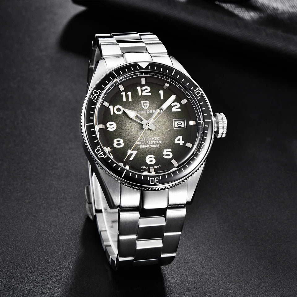 Silver wristwatch with black dial on a dark background