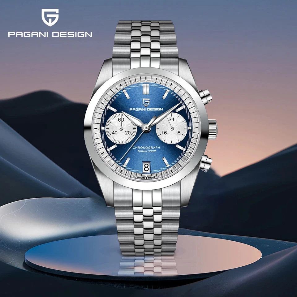 Silver Pagani Design watch with blue face on a blurred background