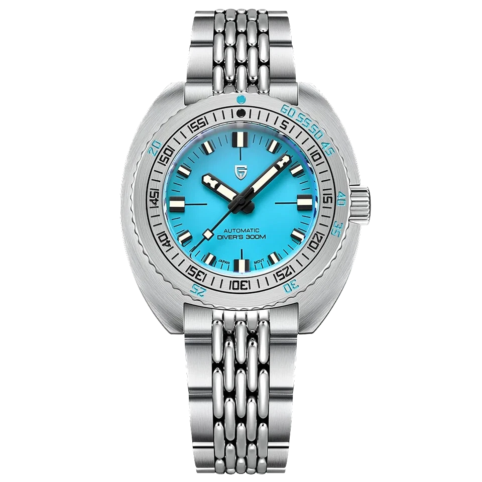 Silver watch with a blue face on a white background