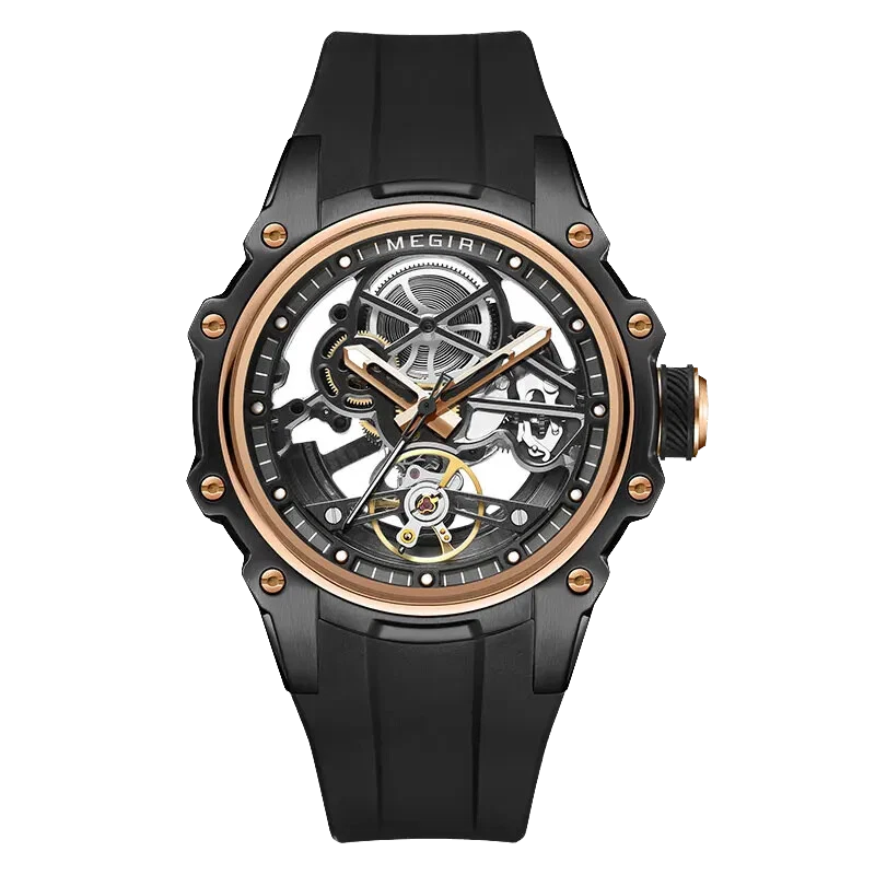 Black and rose gold watch with visible brand name on a white background