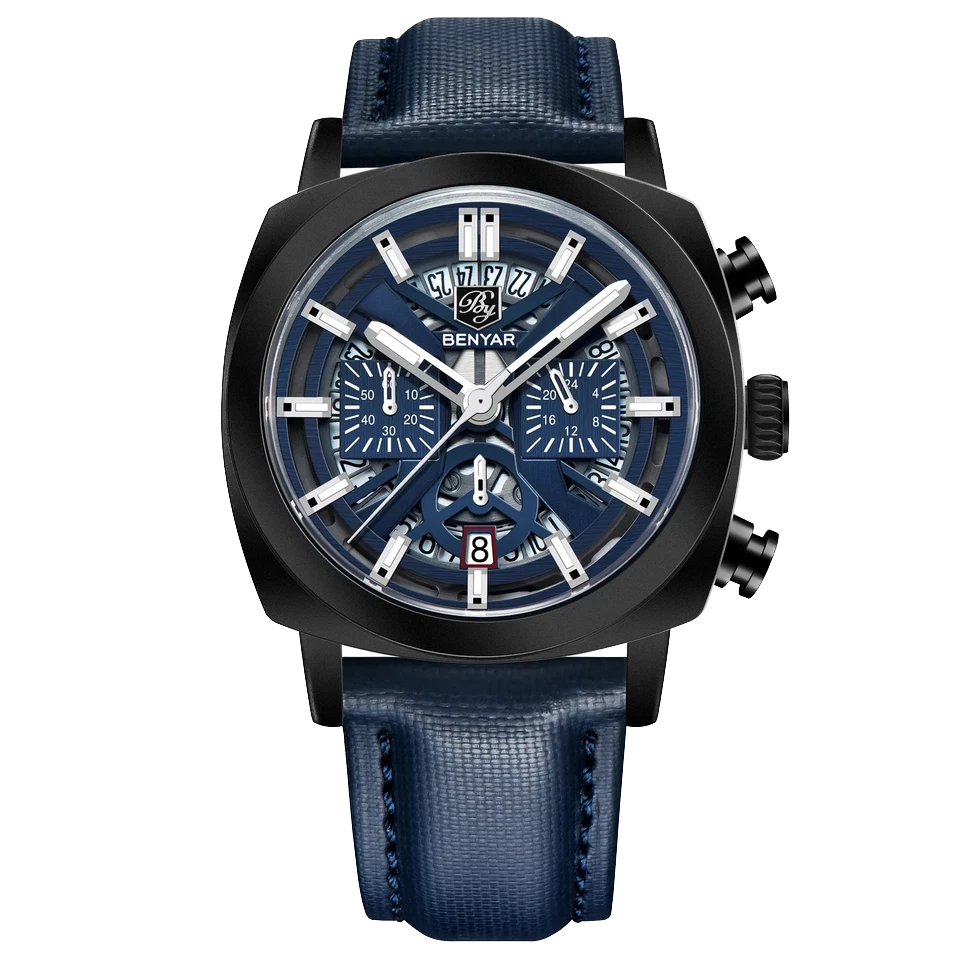 Blue watch with a detailed face on a white background