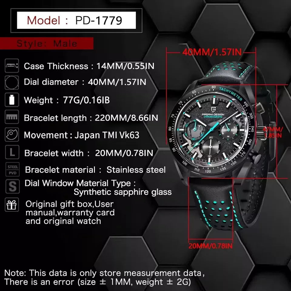 Watch with detailed specifications on a black background