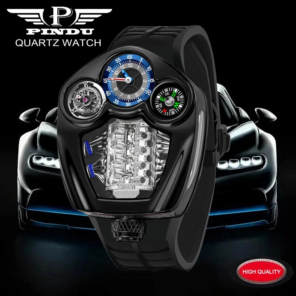 Black quartz watch with intricate design on a black background, featuring the Pindu brand.