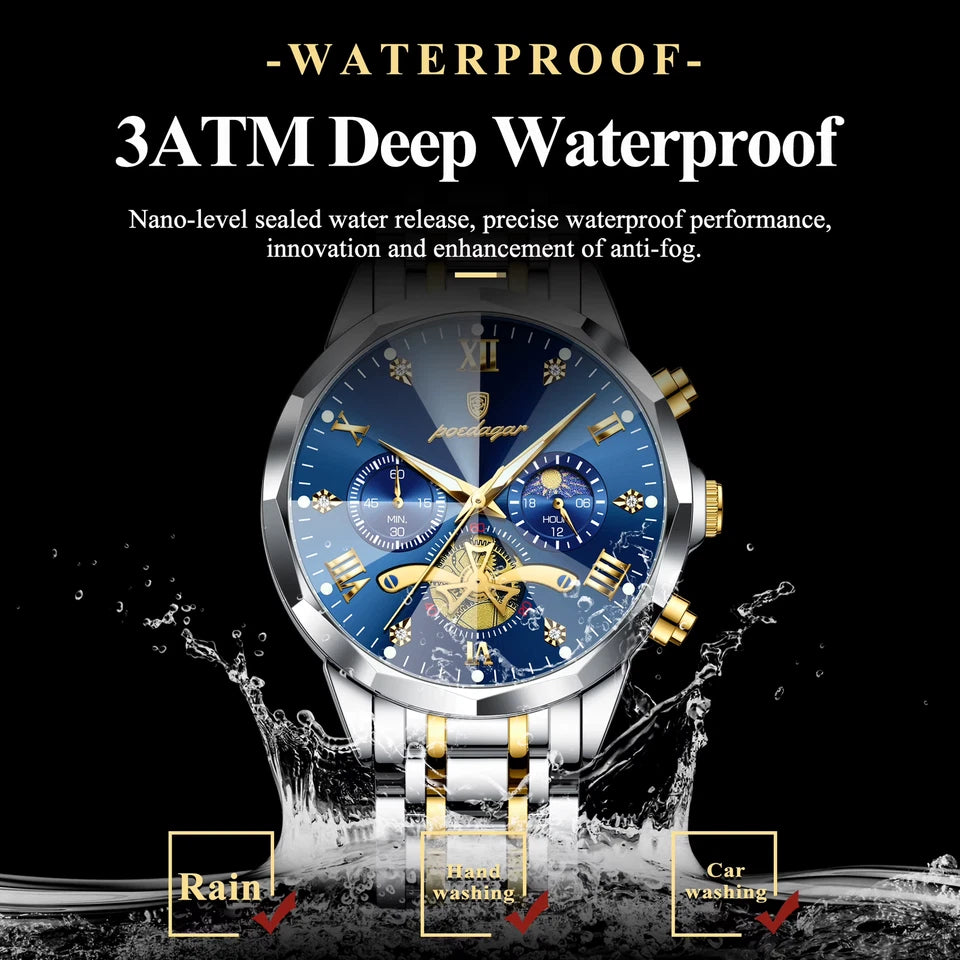 Luxury watch with blue face and gold accents, featuring waterproof text and water splashes on a black background.