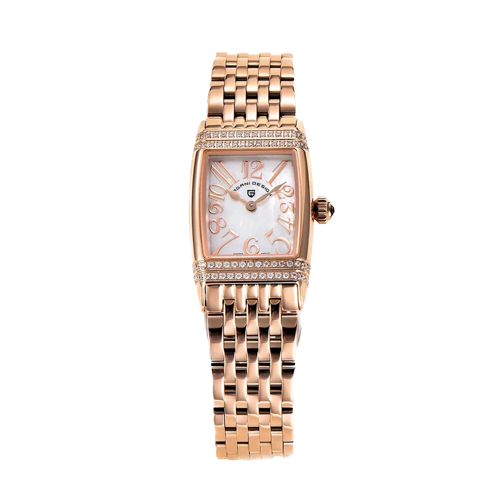 Rose gold watch with diamond-studded bezel on a white background