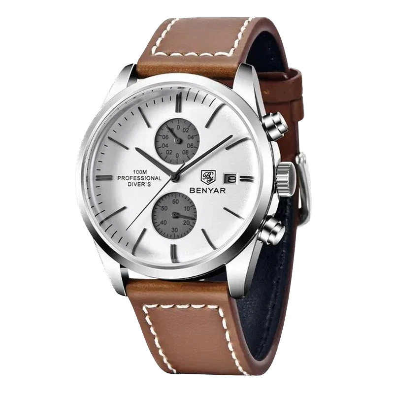 Wristwatch with brown leather strap and silver case on a white background