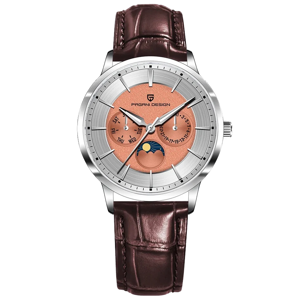 Watch with brown leather strap and silver case on white background