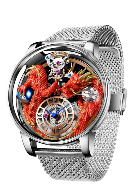 Luxury watch with dragon design and silver mesh band on white background