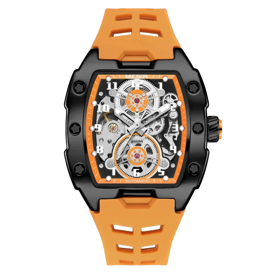 Watch with orange and black design on a white background