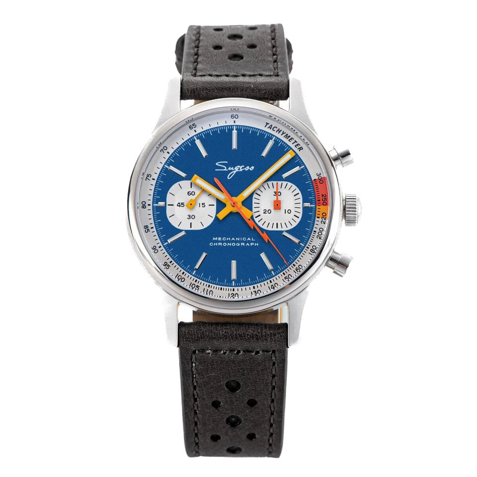 Watch with a blue face and black leather strap on a white background