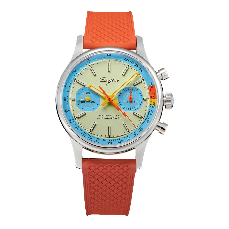 Wristwatch with orange strap and multicolored face on a white background