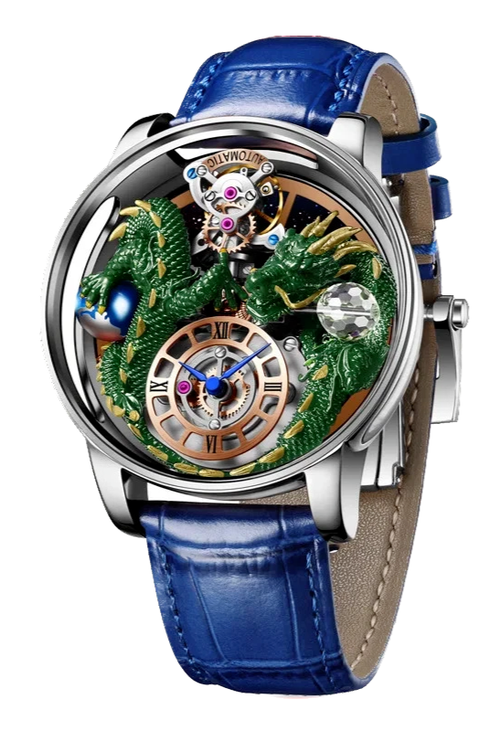 Luxury watch with intricate design and blue leather strap on white background