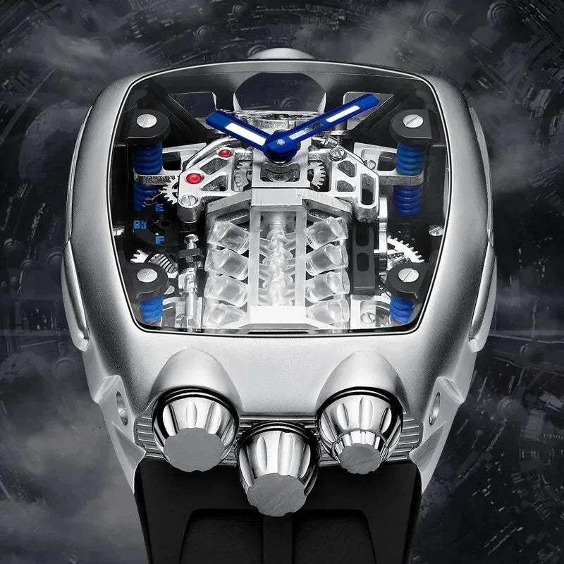 Close-up of a high-end mechanical watch with visible gears and components on a dark background
