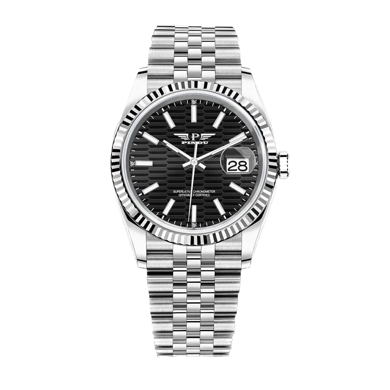 Silver watch with black dial on a white background