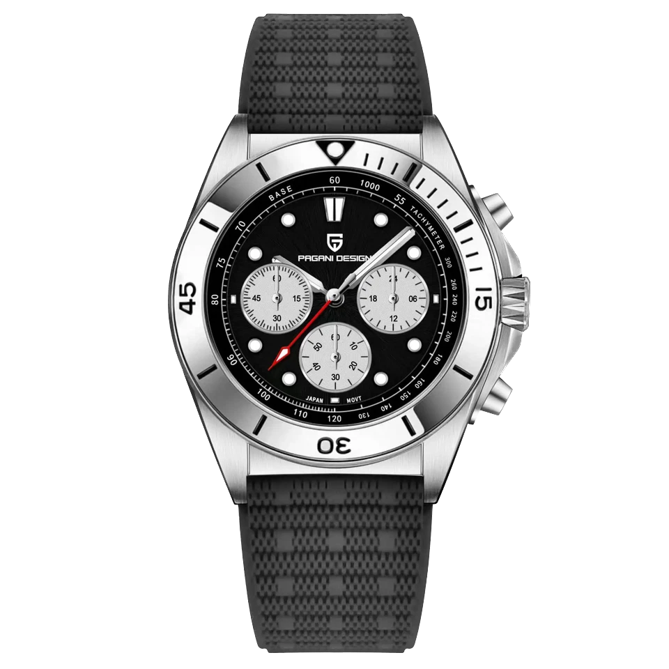 Wristwatch with black strap and detailed face on a white background