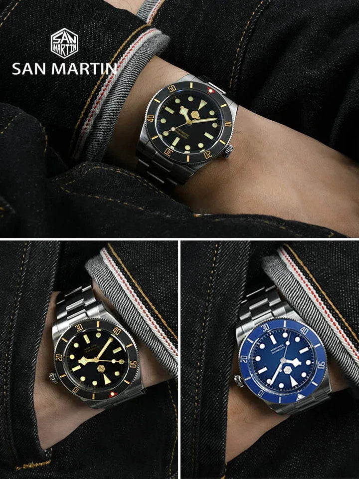 Collage of San Martin watches on a wrist with close-up details.