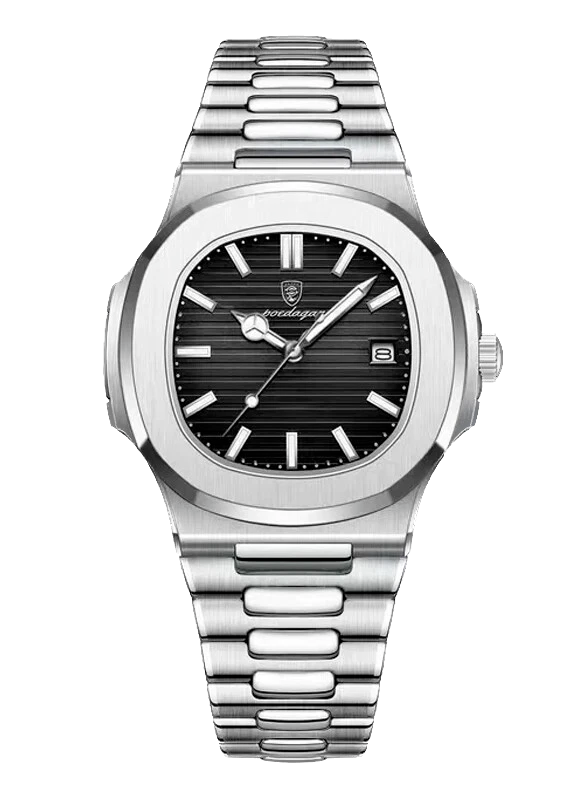 Silver watch with black dial on a white background
