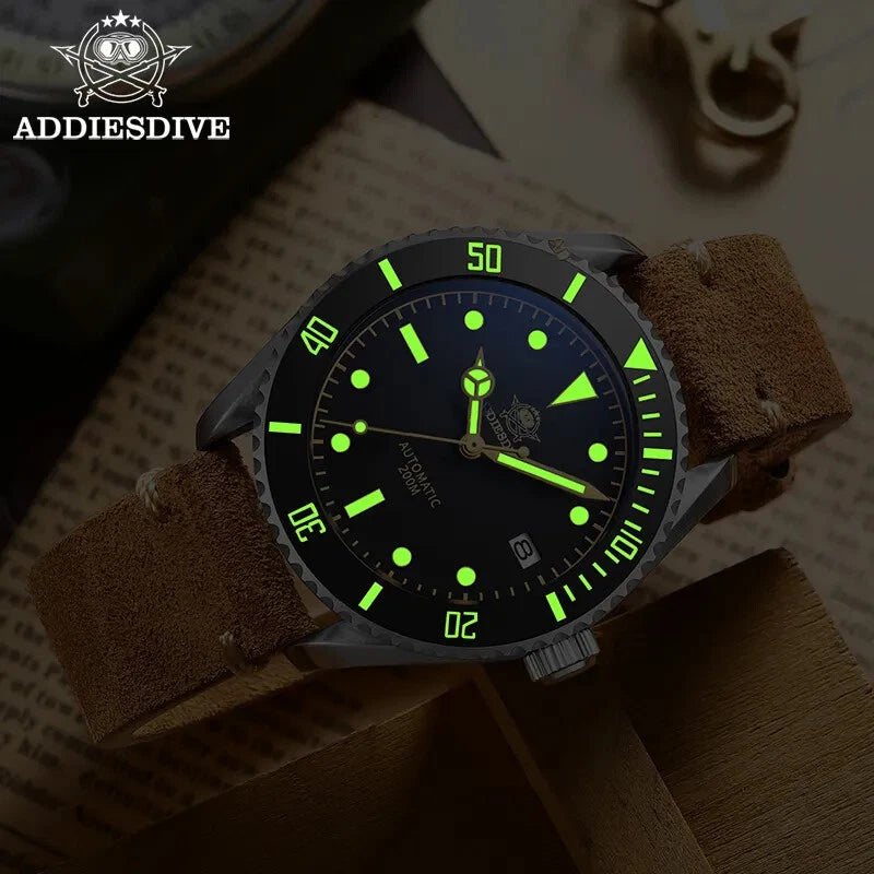 Watch with green glowing face and brown strap on a textured surface, Addiesdive brand visible.