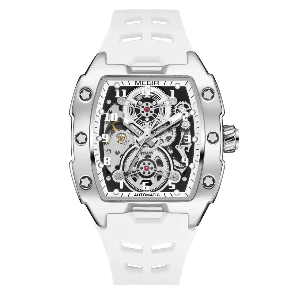 Mechanical watch with white strap on a white background