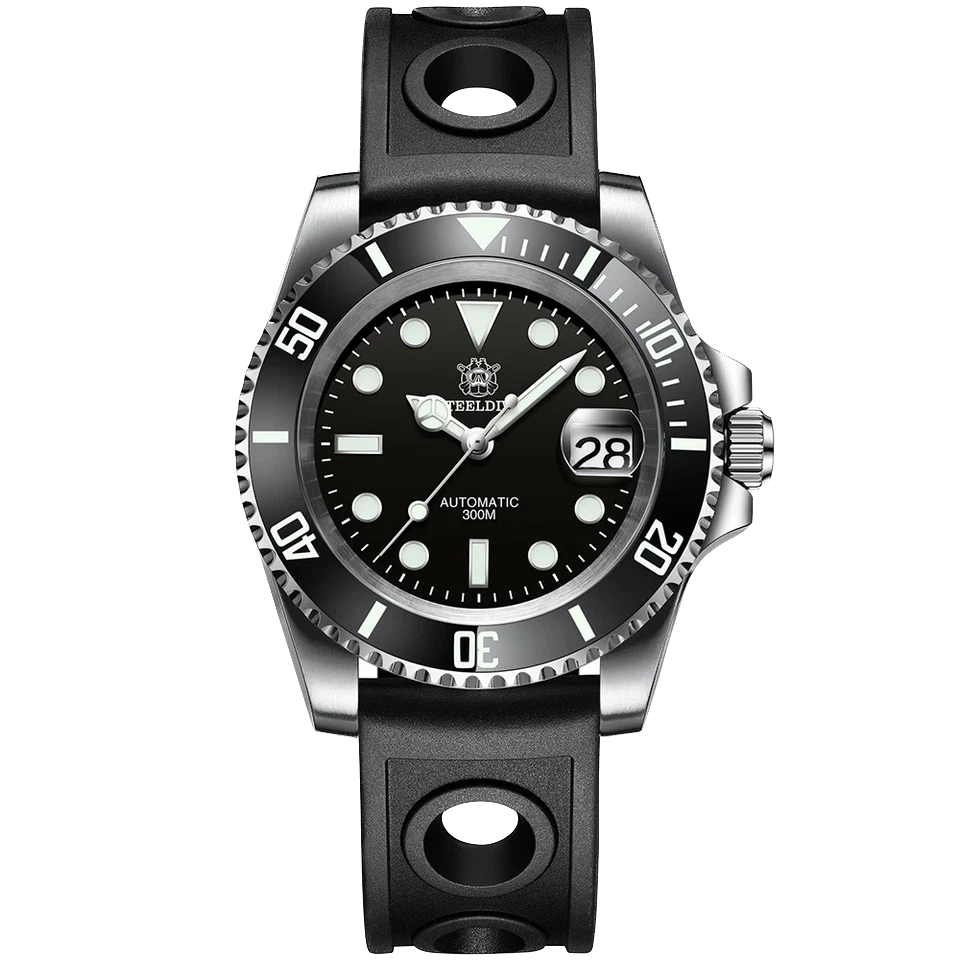 Black wristwatch with a detailed face on a white background